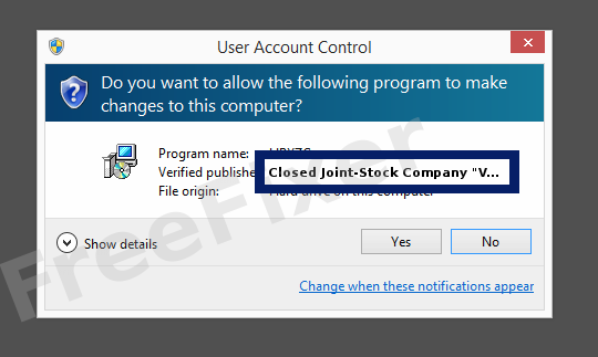 Screenshot where Closed Joint-Stock Company "V.X. Technocom appears as the verified publisher in the UAC dialog